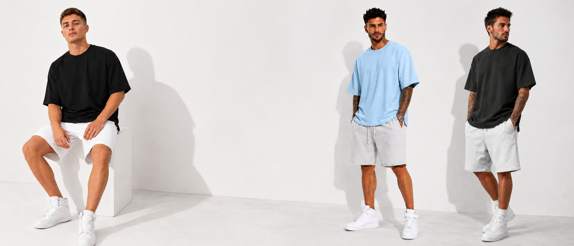 чоловічі шорти OPIUM у streetwear образах на білому студійному фоні