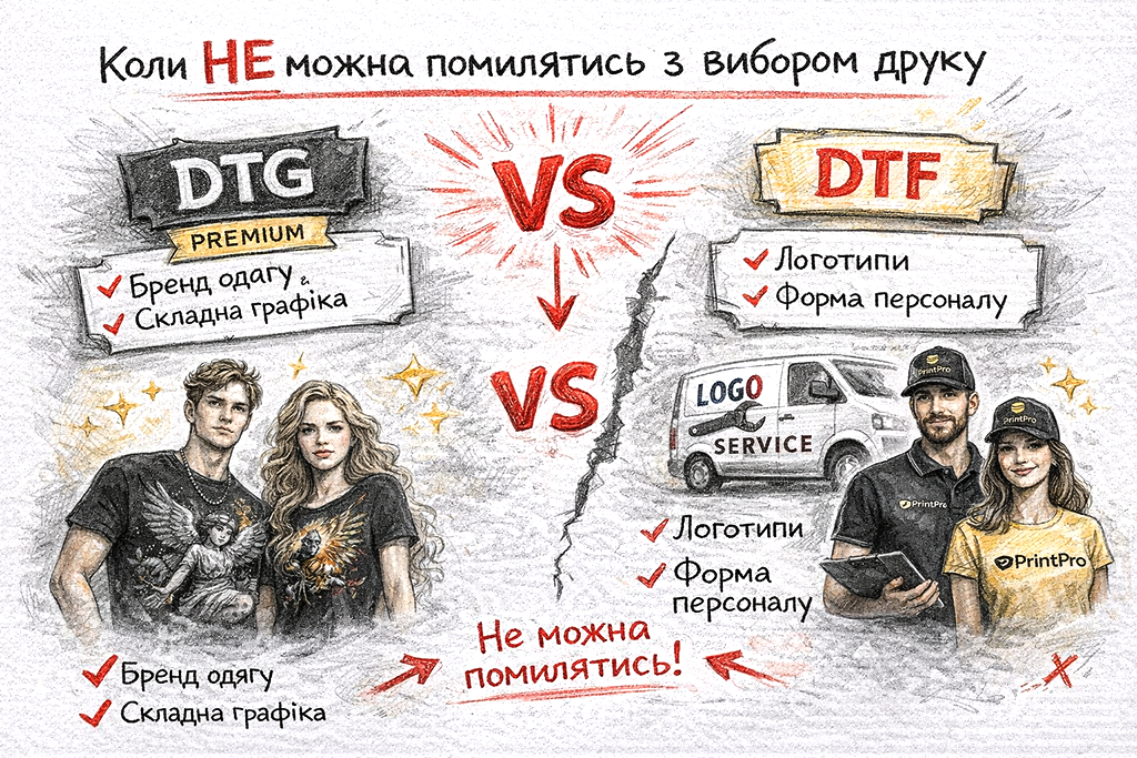 DTF чи DTG — коли обирати прямий друк, а коли DTF. Інфографіка для брендів одягу, логотипів і складної графіки