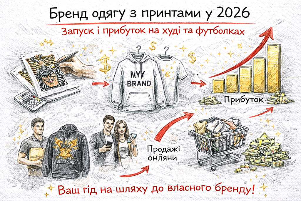 Бренд одягу з принтами у 2026: запуск і заробіток на худі та футболках — інфографіка